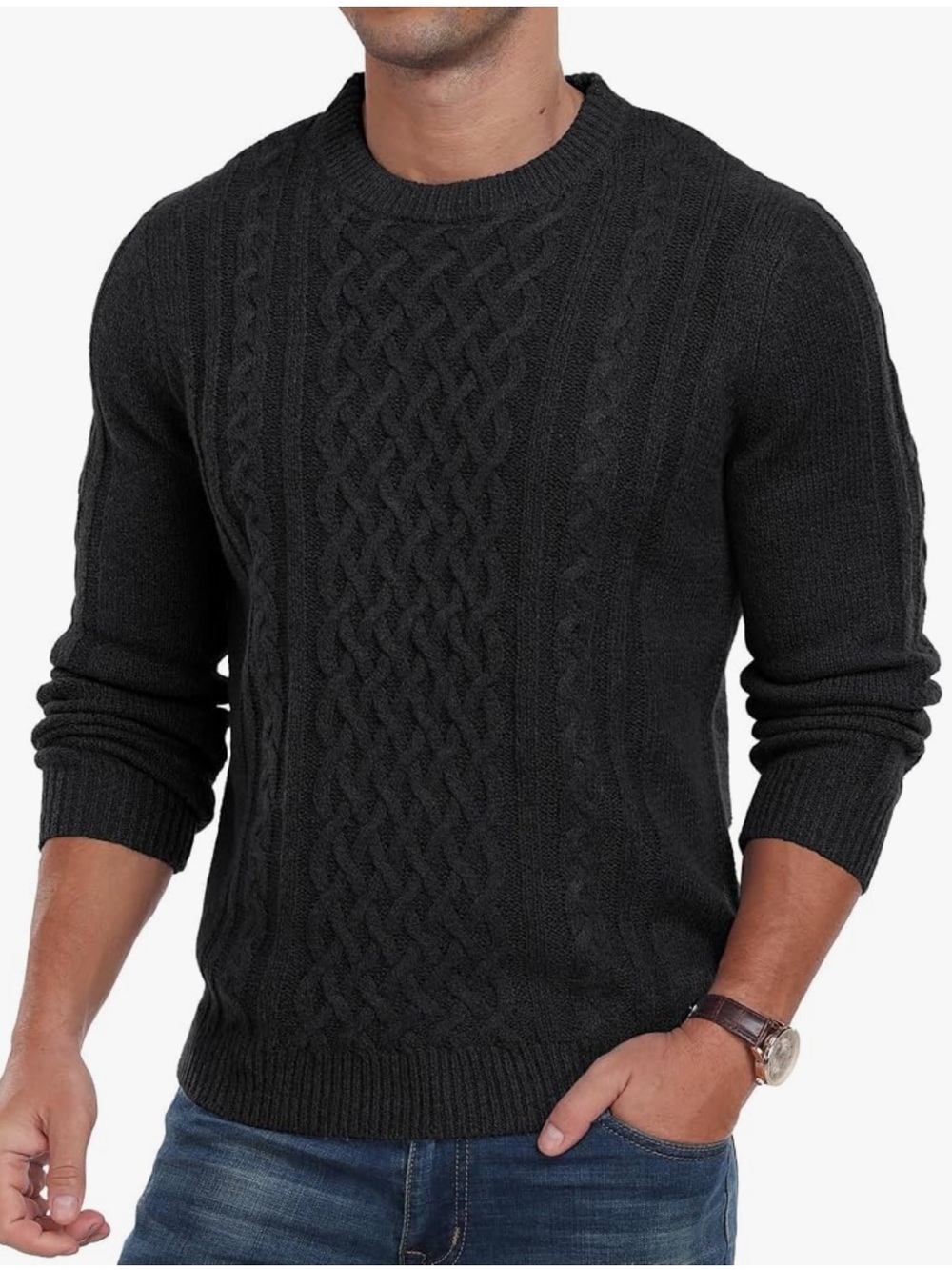 Men's Cable Crewneck Sweater in Black 339 work casual every day stretch comfort